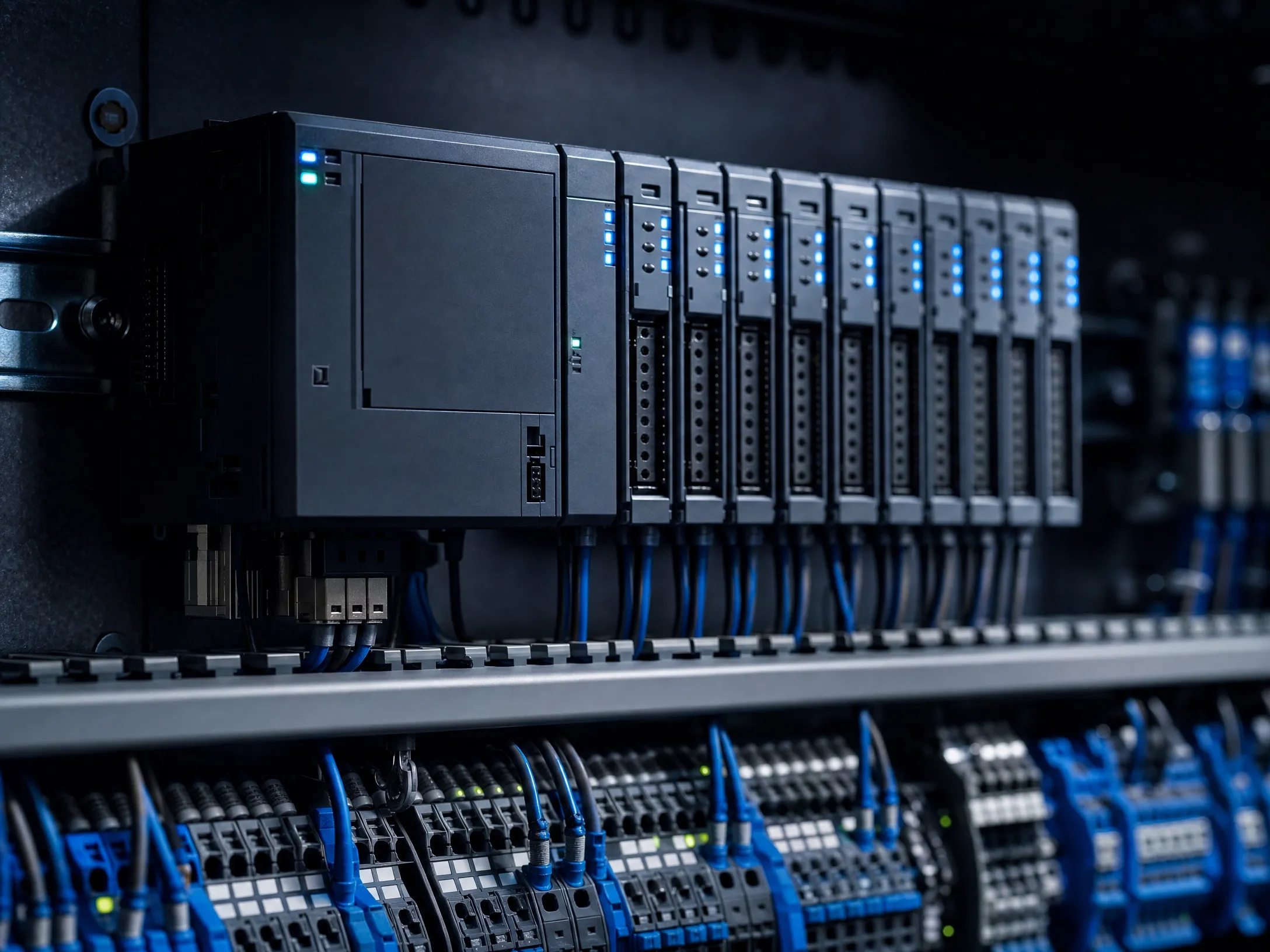 Industrial control cabinet with a PLC and I/O modules