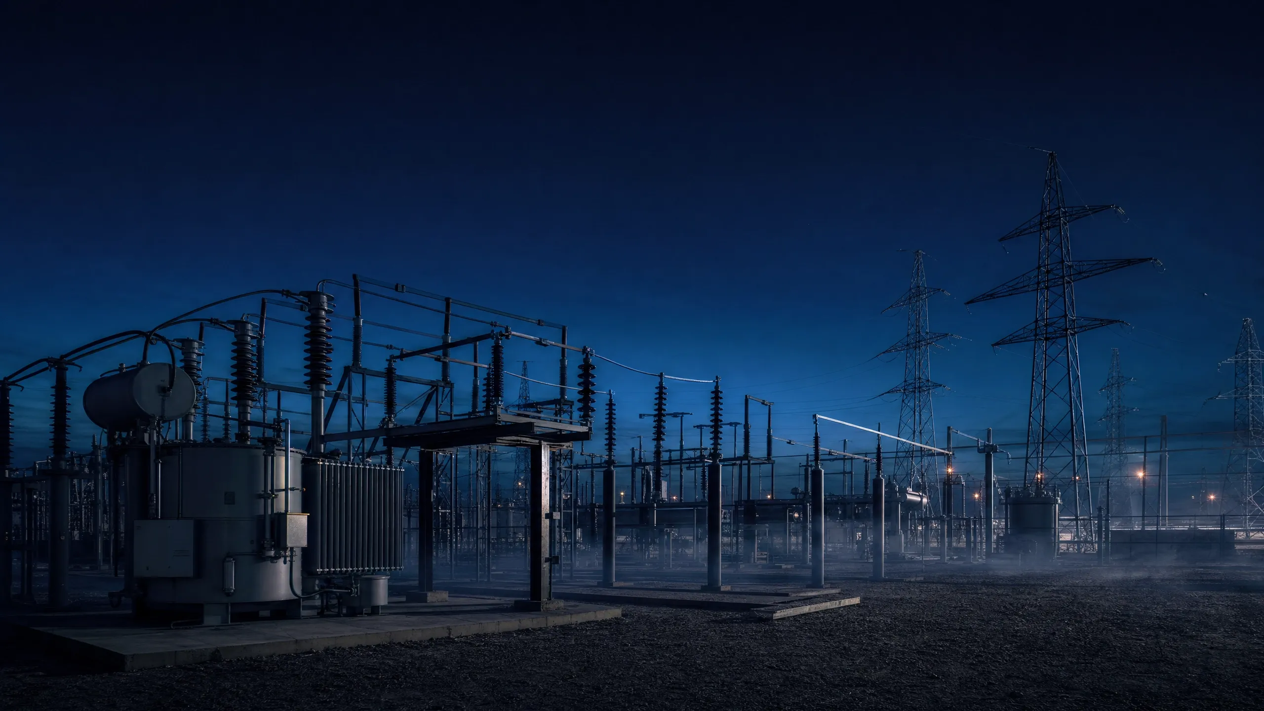 High-voltage electrical substation at dusk